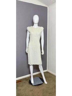 1970's Cream Sequin Column Gown Low Back Bold Shoulder Wiggle Dress sz M